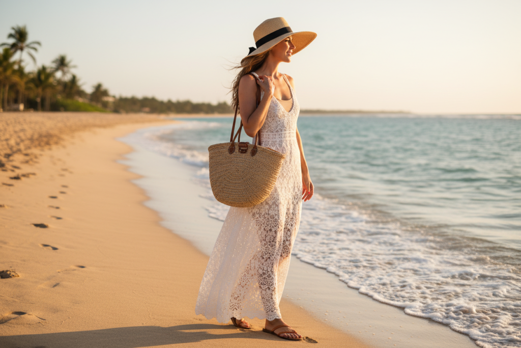 Woman wearing white crochet dress with beach accessories