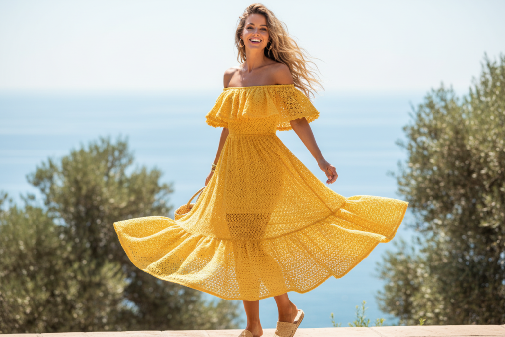 Yellow off-shoulder crochet summer dress with ruffle detail