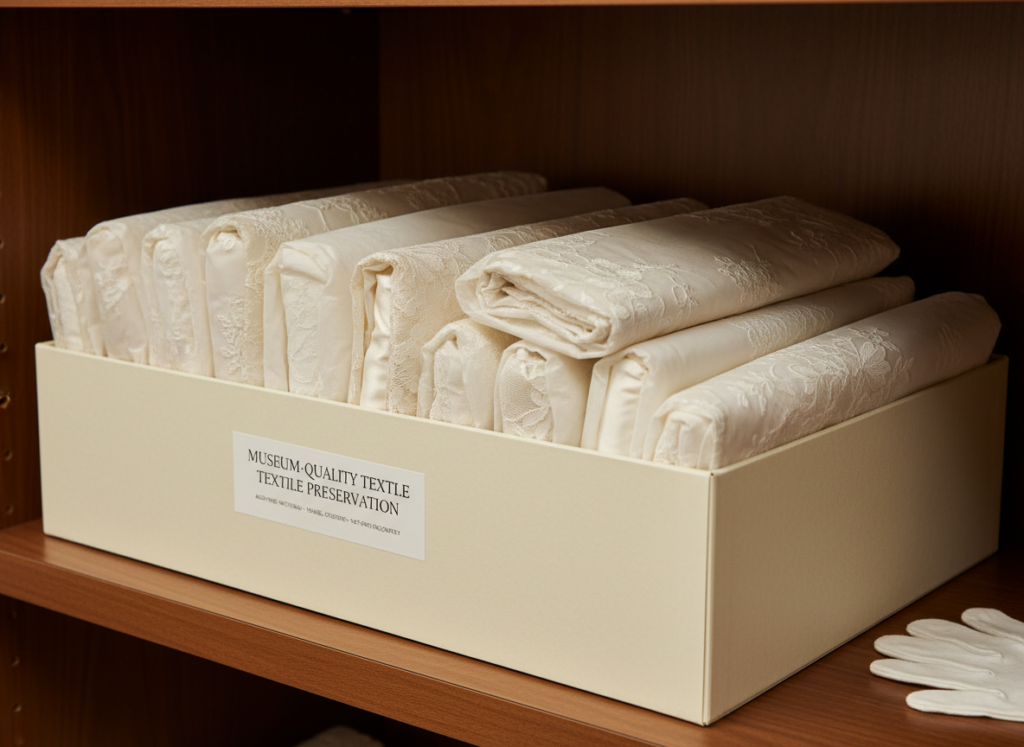 acid-free tissue paper wrapping special fabrics in storage box