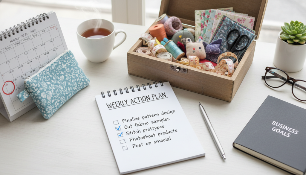 action plan checklist with sewing supplies and calendar