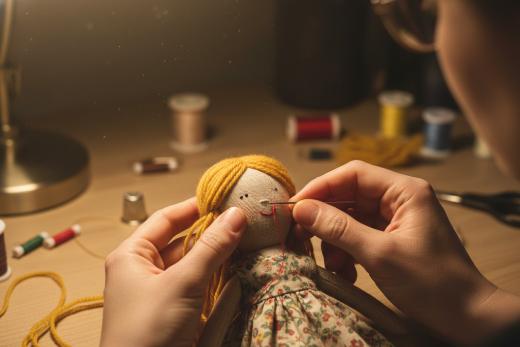 adding final details like embroidered face and yarn hair to doll