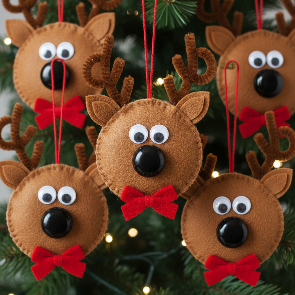 adorable brown felt reindeer face ornaments with antlers