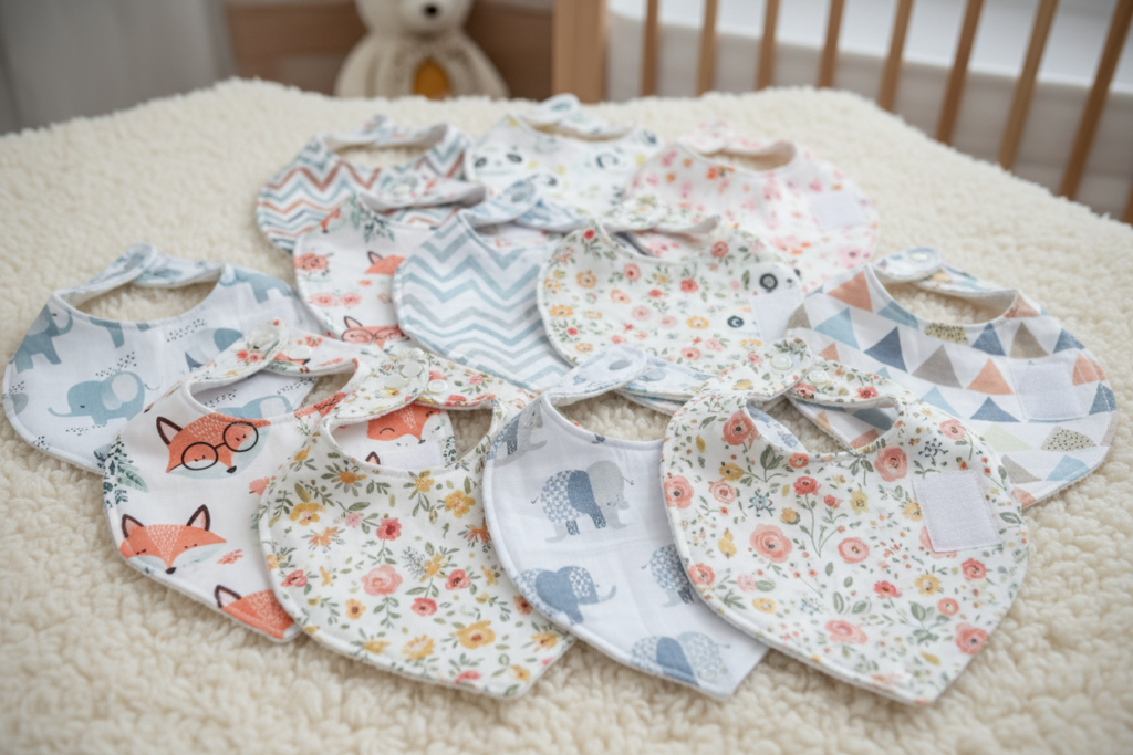 adorable handmade baby bibs in cute patterns with snap closures