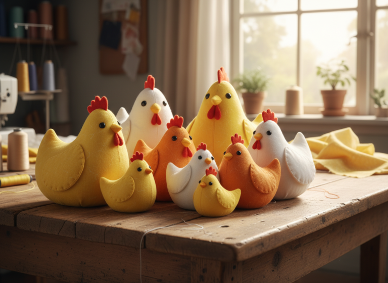 adorable stuffed chicken sewing pattern with colorful fabric chickens displayed together