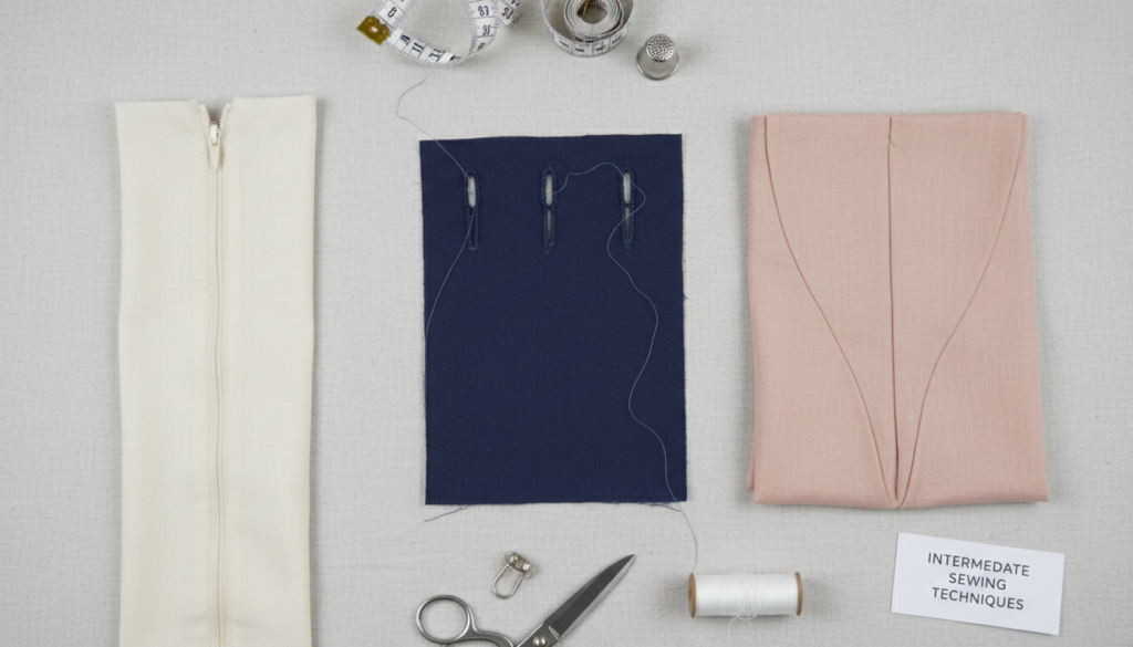 advanced sewing techniques for tops showing buttonholes, zippers, and tailored details