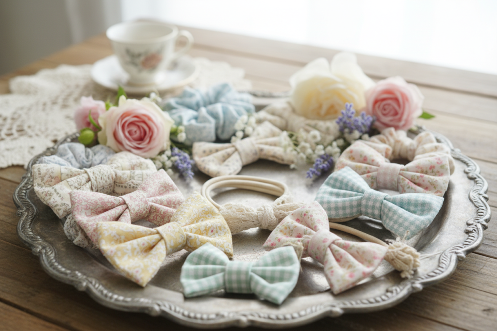 aesthetic fabric accessories including scrunchies and hair bows