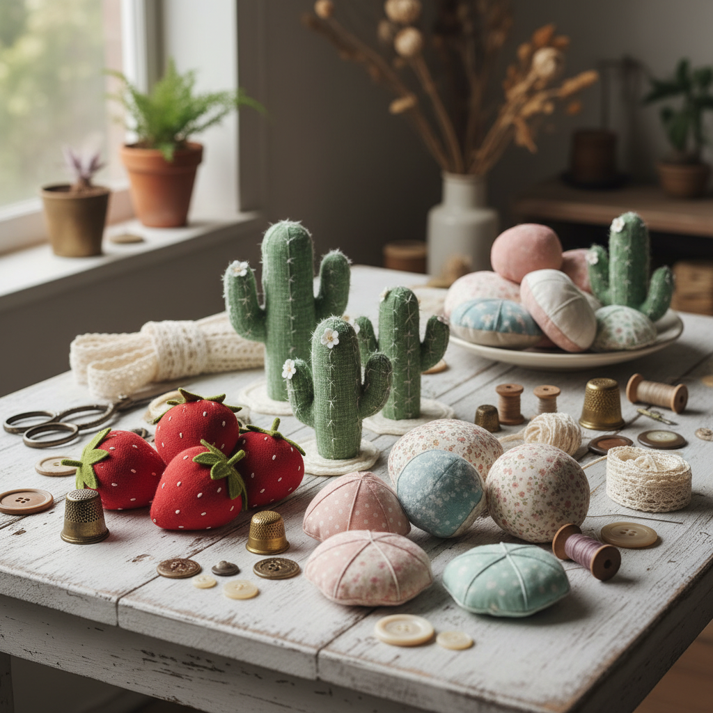 aesthetic handmade pincushions in various shapes and fabrics