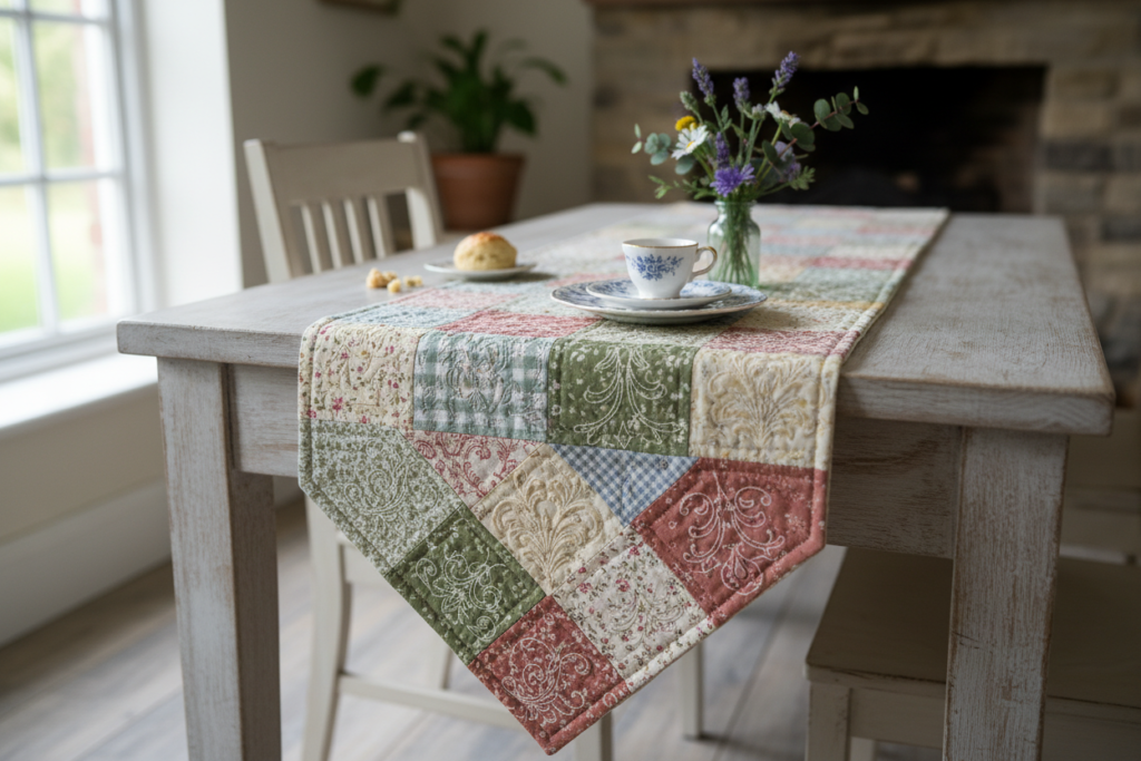 aesthetic mini table runner with decorative stitching and fabric patterns