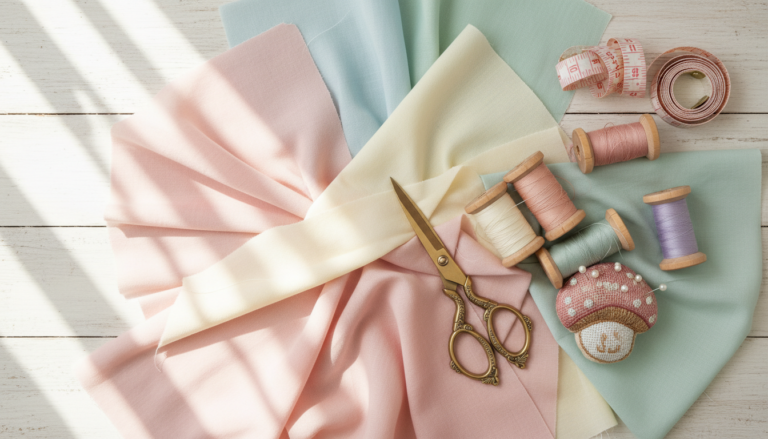 aesthetic small sewing projects DIY ideas workspace with colorful fabric scraps and sewing supplies