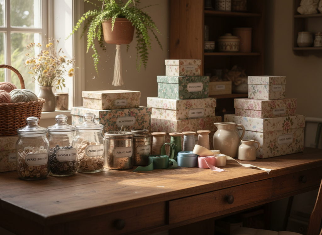 aesthetic storage containers organizing sewing notions and supplies