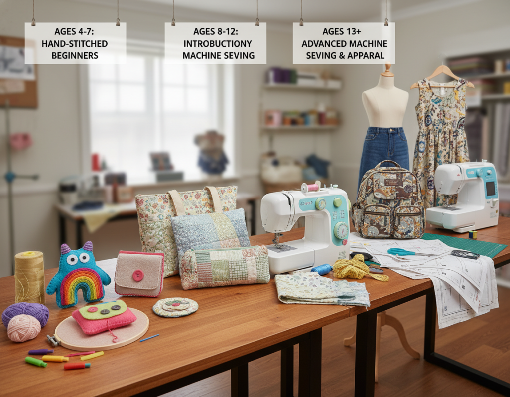 age-appropriate sewing projects organized by skill level for kids
