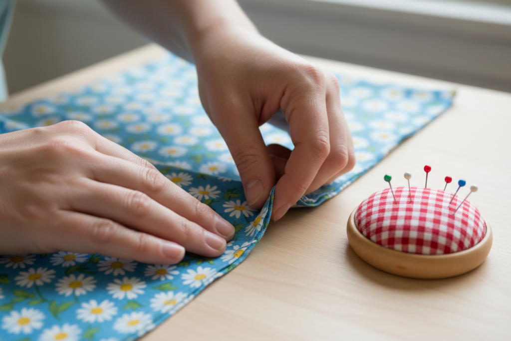 aligning fabric edges for tote bag sides
