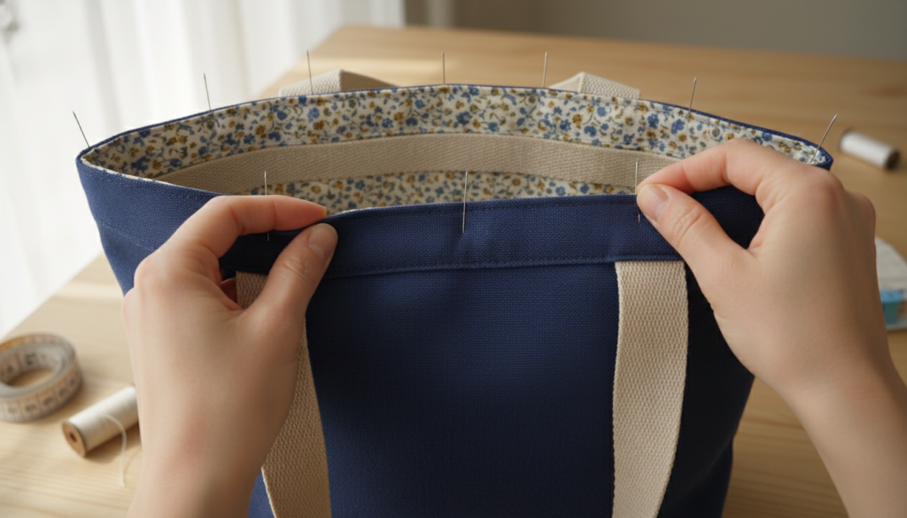 aligning top edges of bag and lining