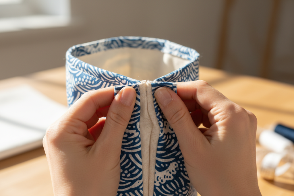aligning top edges of tote bag outer and lining