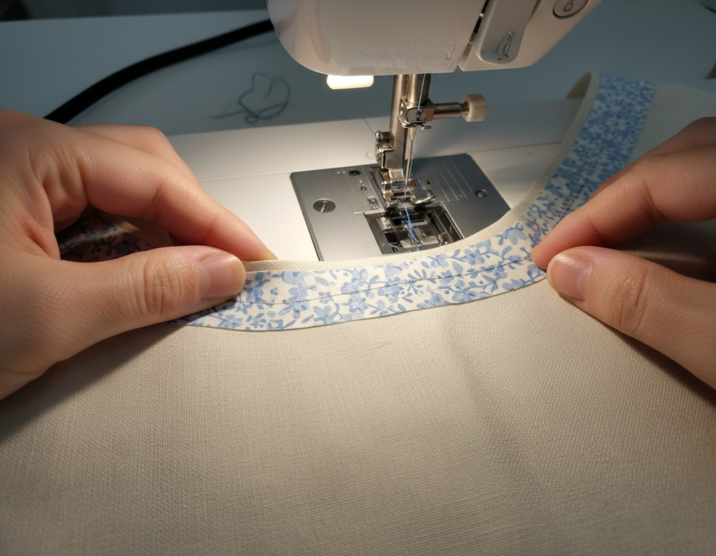 applying bias binding to neckline of handmade top