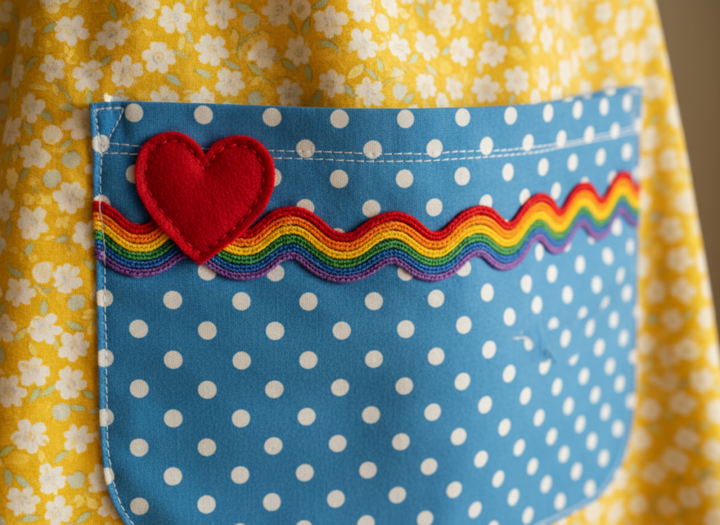 apron decorated with rickrack and applique details