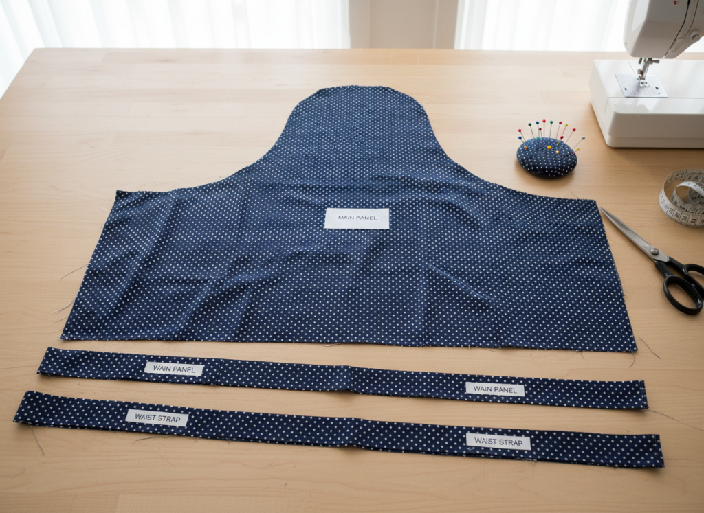 apron fabric pieces laid out ready for sewing