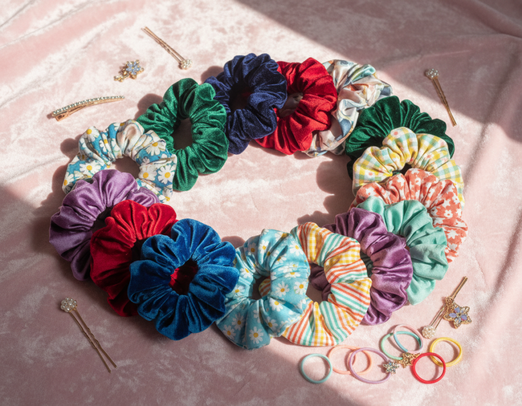 assorted fabric scrunchies in trendy patterns displayed on a hair styling background