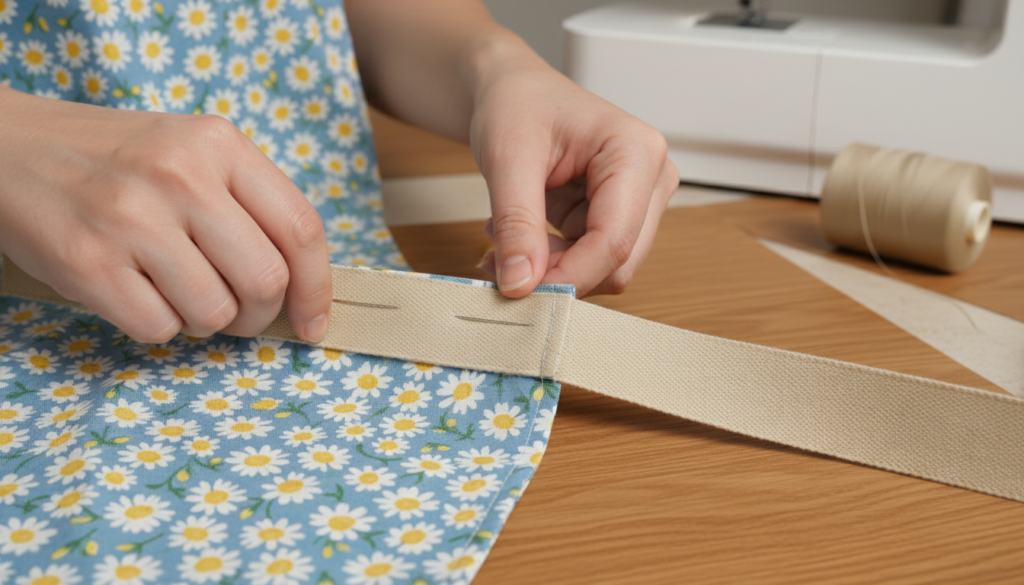 attaching waist straps to apron sides