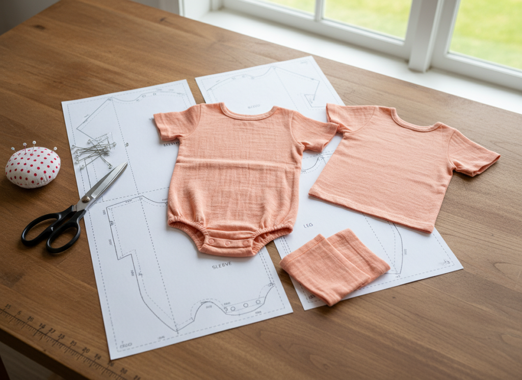 baby romper pattern pieces and fabric