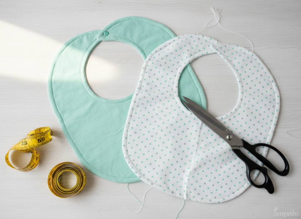 baby sewing pattern pieces and fabric scraps on table