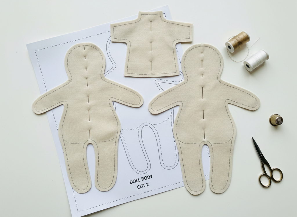 basic doll body sewing pattern with fabric pieces laid out basic doll body sewing pattern with fabric pieces laid out