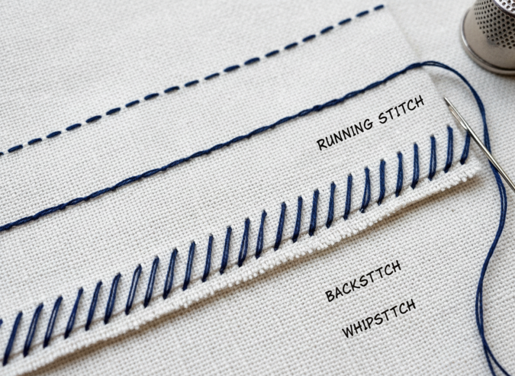 basic hand sewing stitches demonstrated on fabric with thread