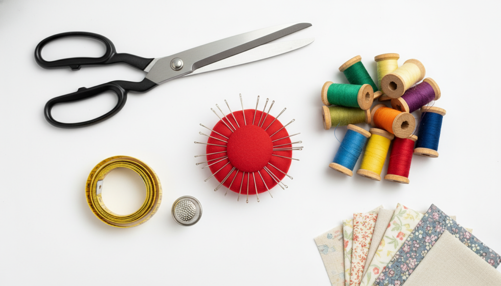 basic hand sewing supplies including needles thread scissors and fabric scraps arranged neatly basic hand sewing supplies including needles thread scissors and fabric scraps arranged neatly