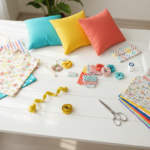 basic sewing projects for beginners laid out on a bright workspace with fabric swatches and tools