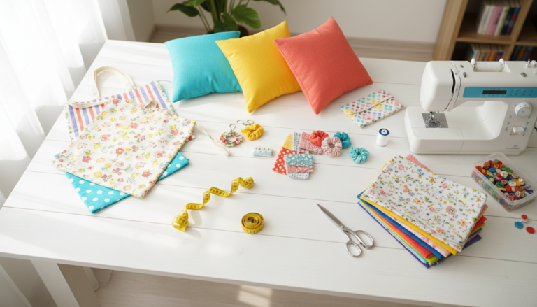 basic sewing projects for beginners laid out on a bright workspace with fabric swatches and tools