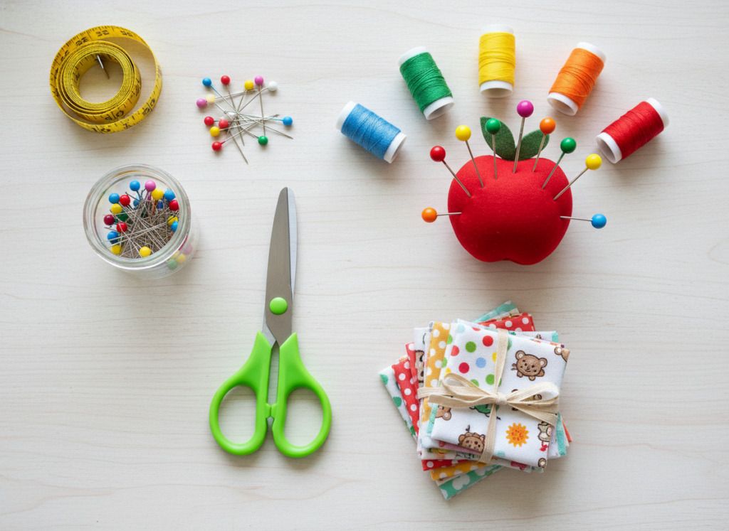 basic sewing supplies for kids including fabric scissors thread and needles
