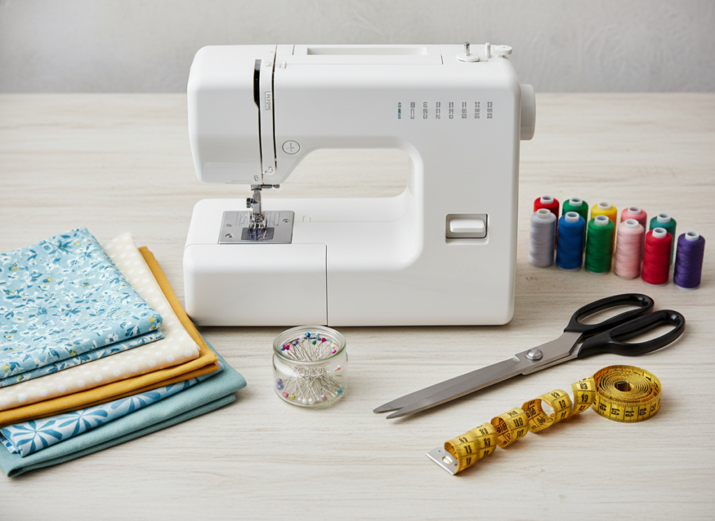 basic sewing supplies including machine thread and fabric for beginner projects