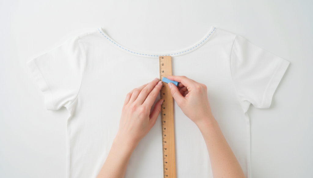 basic shirt cutting technique demonstration showing neckline modification on white t-shirt