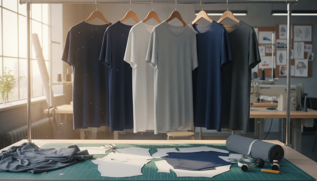 basic t-shirt sewing project showing pattern layout and finished garments in different colors