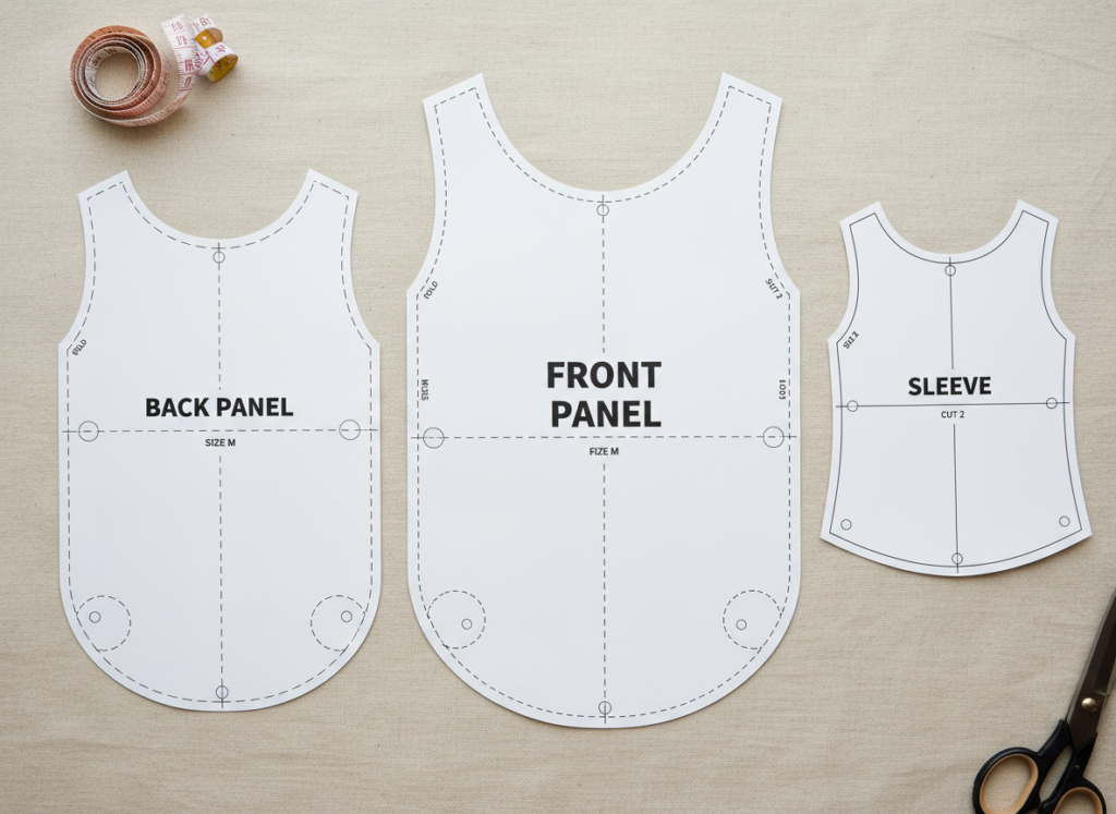 basic top pattern pieces laid out showing front back and sleeve components