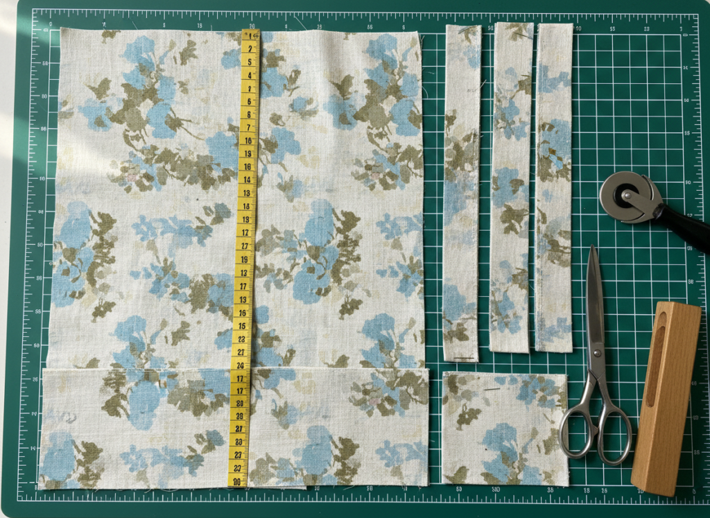 basic tote bag sewing pattern laid flat showing fabric pieces and measurements