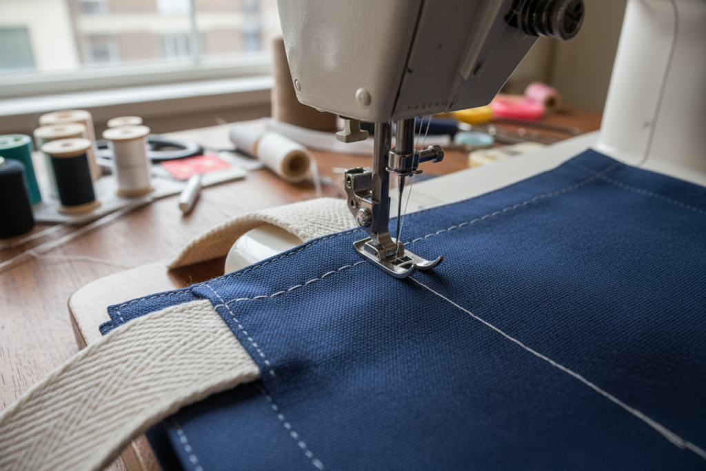 basting stitches securing tote bag straps