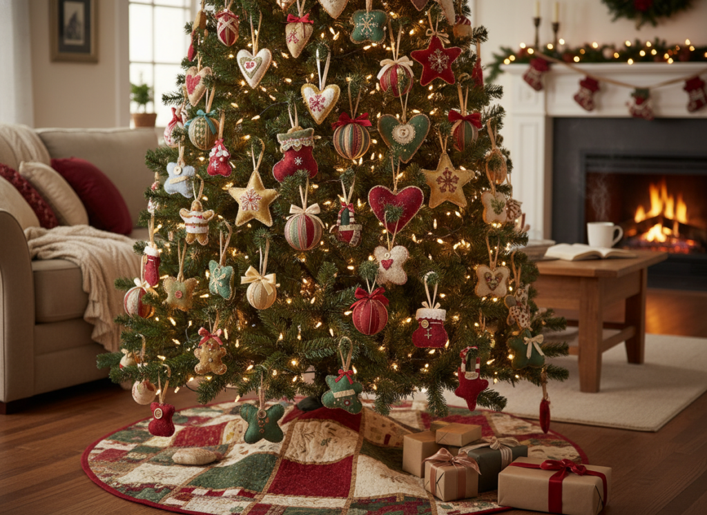 beautiful Christmas tree decorated entirely with handmade fabric ornaments