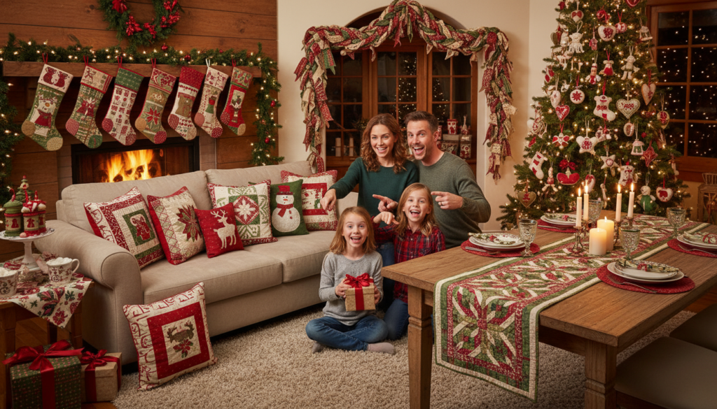beautiful display of completed handmade christmas sewing projects in festive home setting