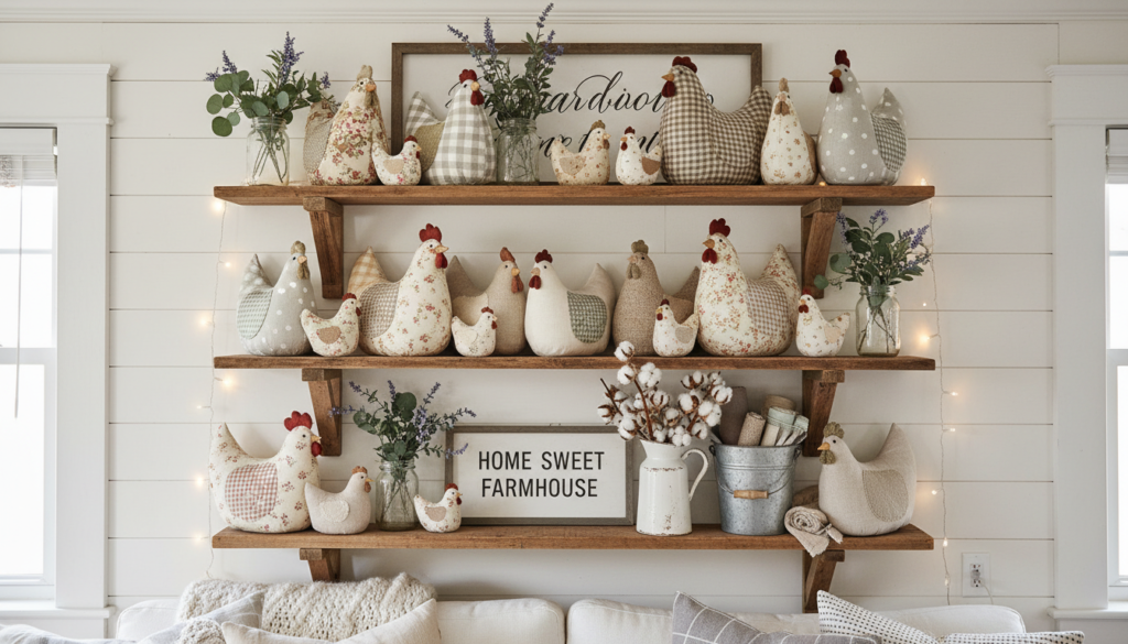 beautiful display of handmade stuffed chickens in farmhouse decor setting