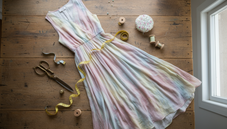 beautiful maxi dress laid flat on wooden table with sewing tools