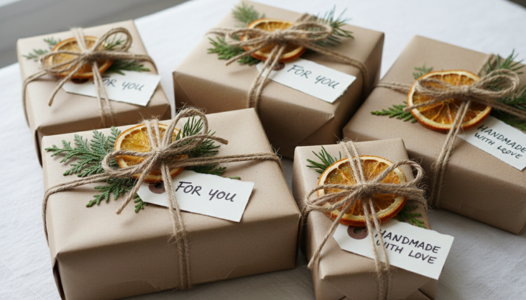 beautifully packaged handmade sewing gifts with natural wrapping for Christmas