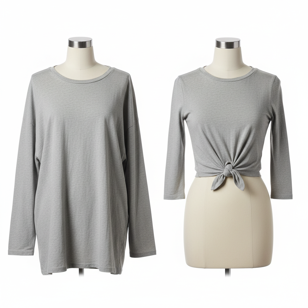 before and after comparison showing old t-shirt transformed into stylish crop top