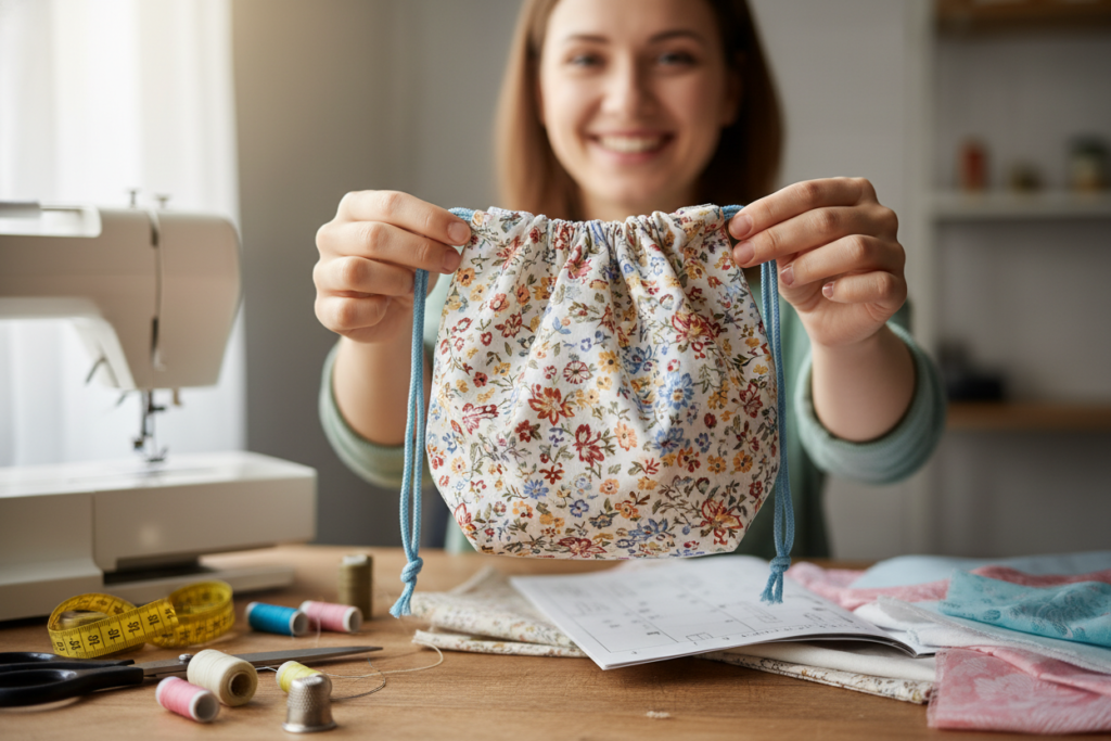 beginner completing first sewing project with satisfaction beginner completing first sewing project with satisfaction