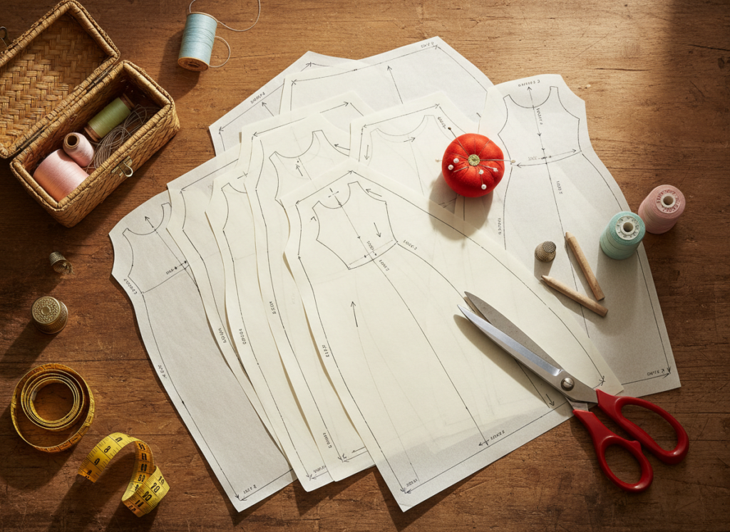 beginner friendly dress sewing patterns laid out on table