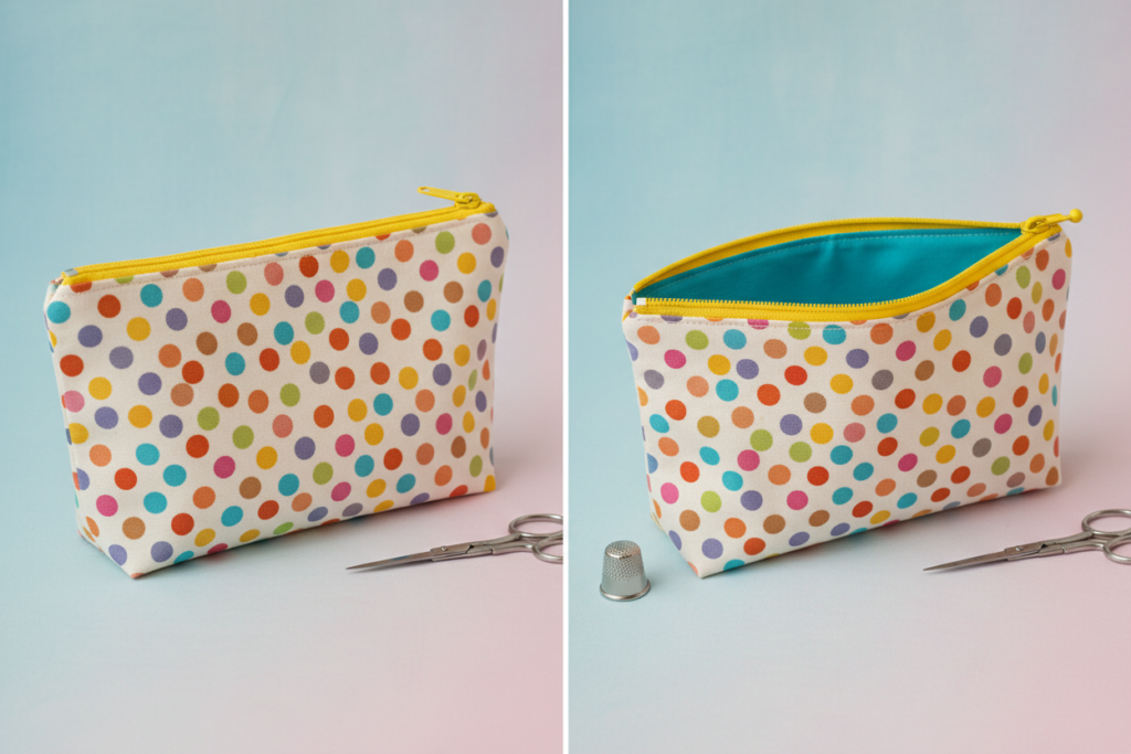 beginner-friendly zippered pouch with colorful zipper