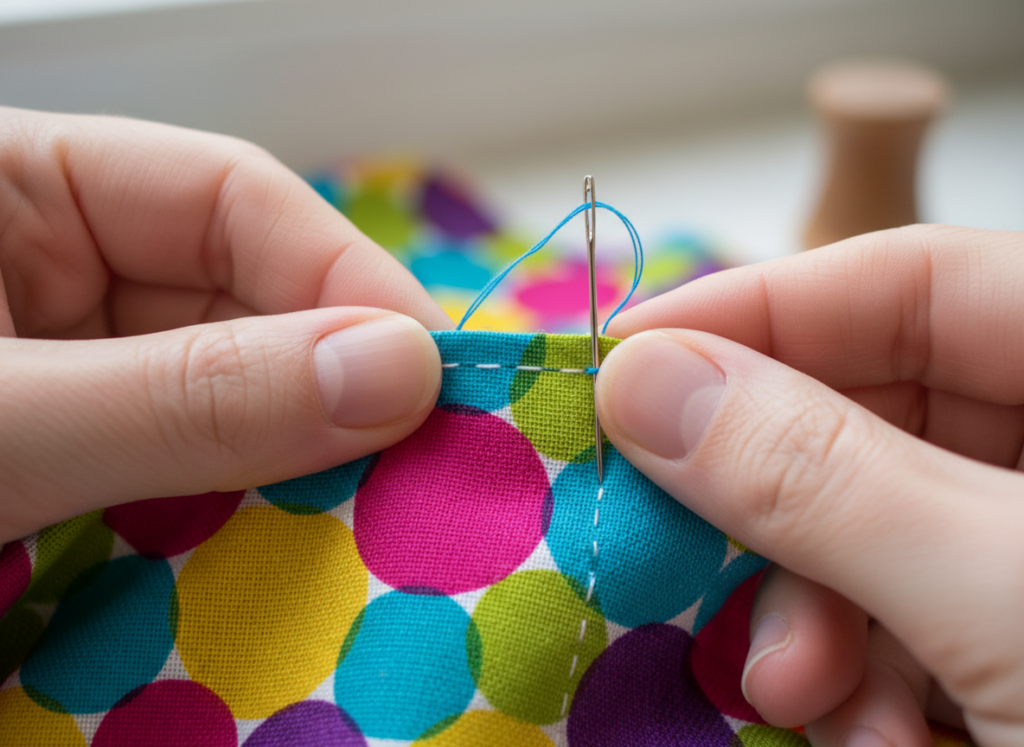 beginner hand sewing a simple project with visible basic stitches on fabric beginner hand sewing a simple project with visible basic stitches on fabric