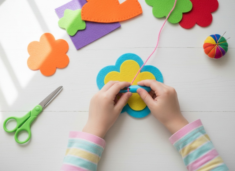 beginner hand sewing projects for kids with colorful fabric and child-safe needles