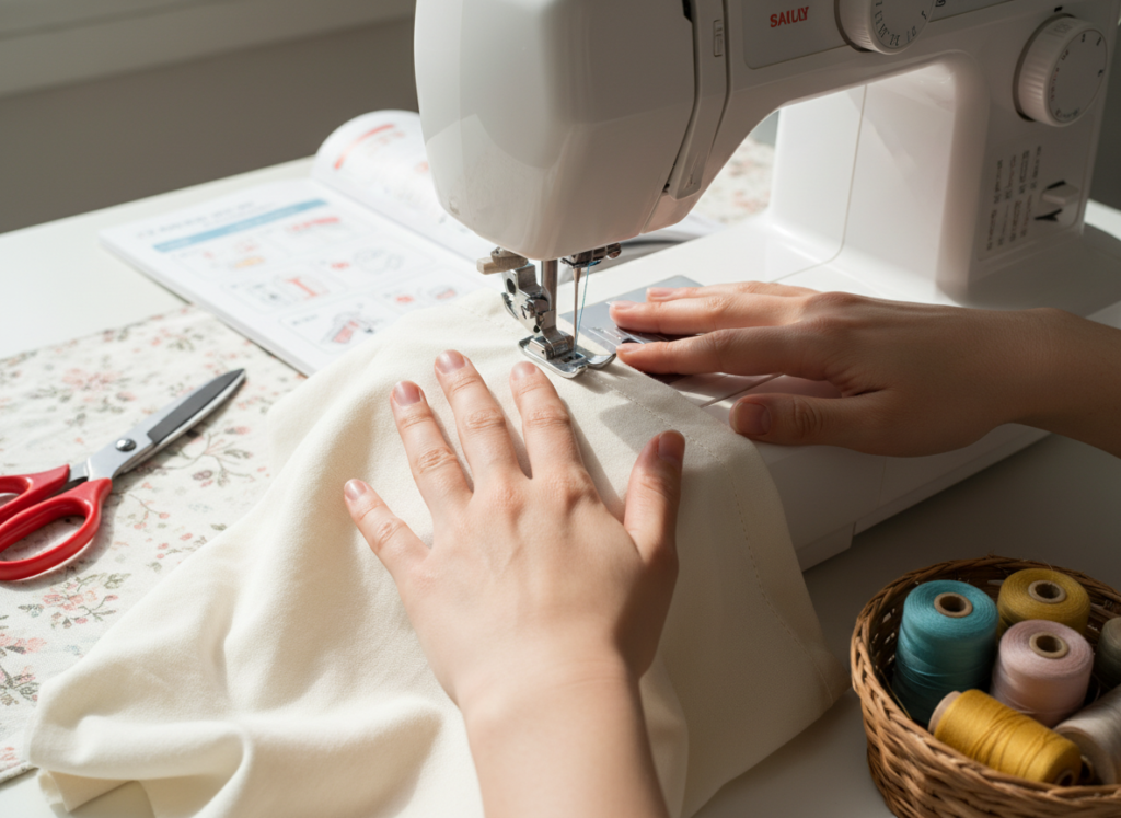 beginner learning to sew on a simple sewing machine with basic fabric project