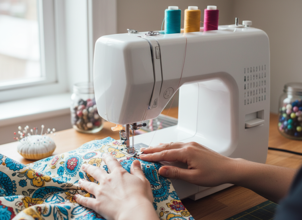 beginner practicing sewing machine techniques